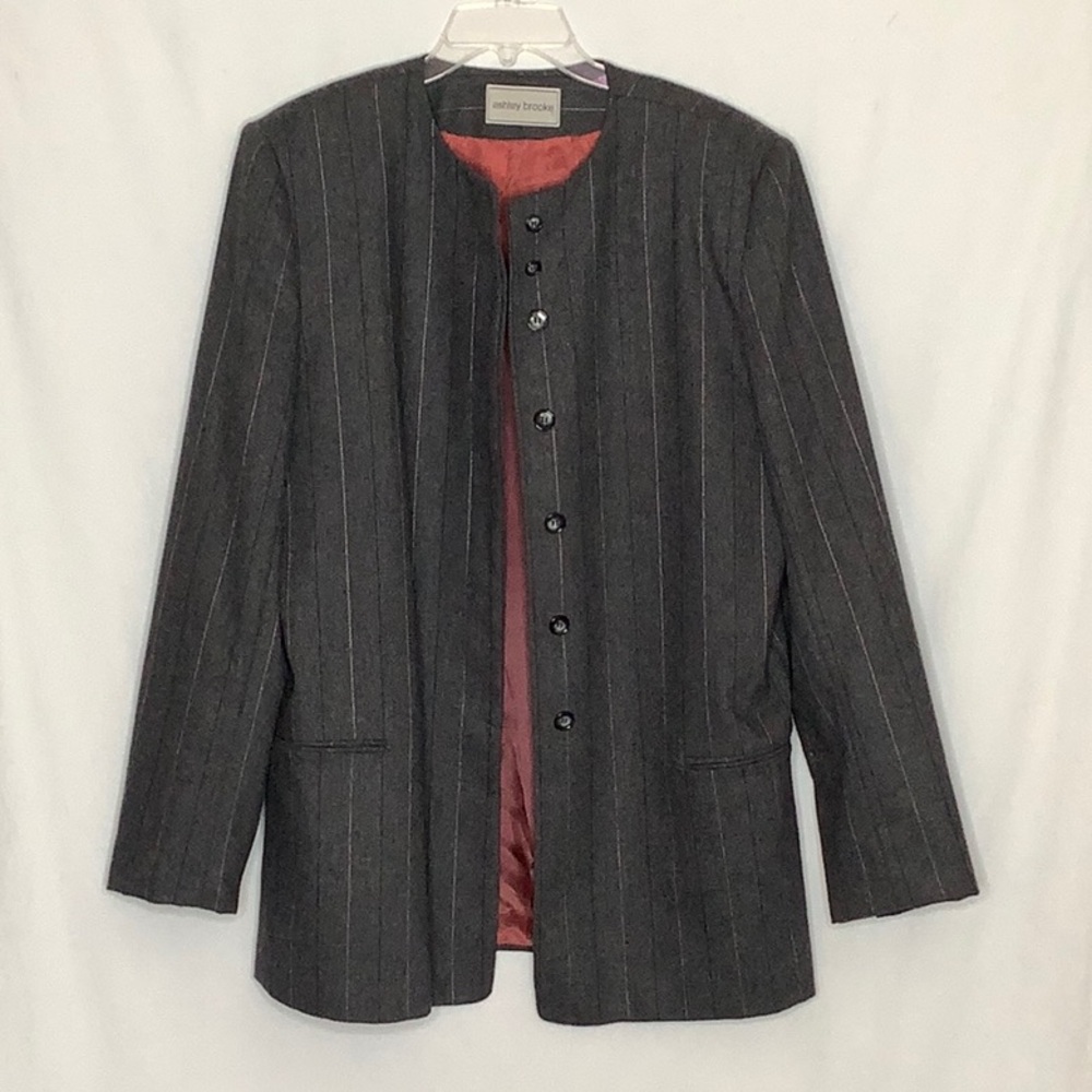 Vintage Ashley Brooke Wool Blend Gray Pinstripe Jacket Size 16 Tall